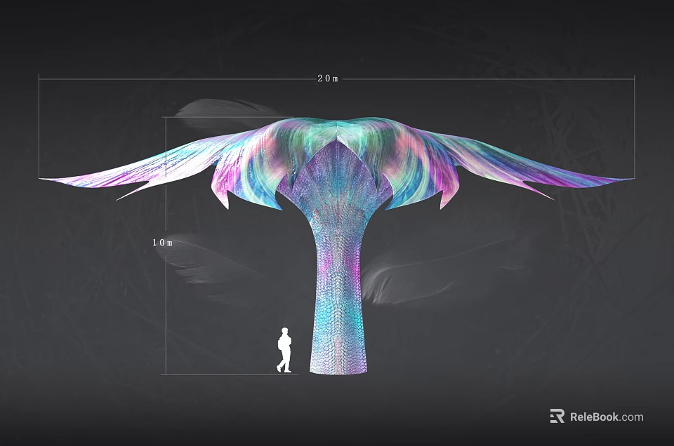 Large Scale Colorful Gradient Sculpture With Wing Like Structure And Human Figure For Scale 3d model