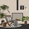 Leisure Chair in Cozy Living Room with Fireplace Burning Fire and Green Plants