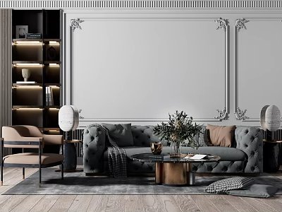 Elegant Grey Velvet Sofa And Gold Coffee Table Set With Decorative Plant And Wall Moldings 3d model