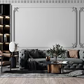 Elegant Grey Velvet Sofa And Gold Coffee Table Set With Decorative Plant And Wall Moldings