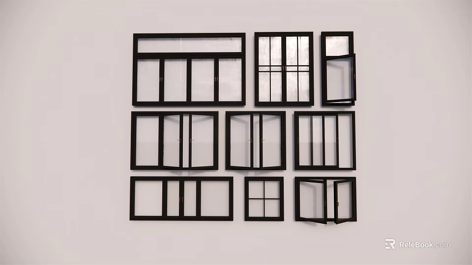 Various Window Designs With Black Frames And Different Shapes For Interior 3d model