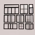Various Window Designs With Black Frames And Different Shapes For Interior 3d model
