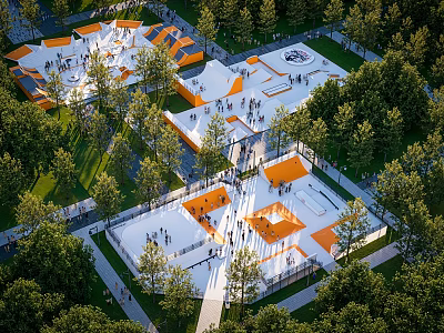 Vibrant Park Landscape With Orange And White Structures People Activities And Green Trees 3d model