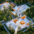 Vibrant Park Landscape With Orange And White Structures People Activities And Green Trees