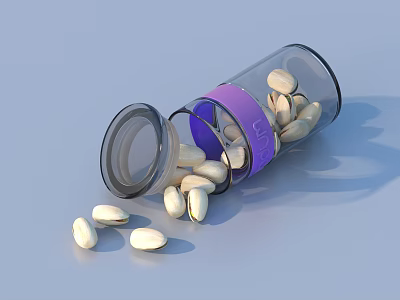 White Nuts Scattered From Open Glass Bottle With Purple Label 3d model