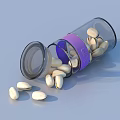 White Nuts Scattered From Open Glass Bottle With Purple Label 3d model
