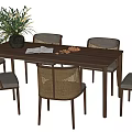 Stylish Dining Table Set with Six Wicker Back Chairs and Potted Plant 3d model