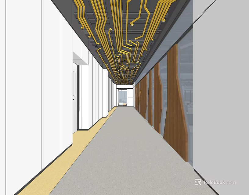 Elevator Hallway Design With Exposed Yellow Ceiling Pipelines And Wooden Panels 3d model 