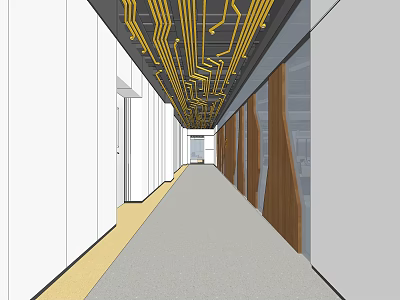 Elevator Hallway Design With Exposed Yellow Ceiling Pipelines And Wooden Panels 3d model