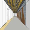 Elevator Hallway Design With Exposed Yellow Ceiling Pipelines And Wooden Panels