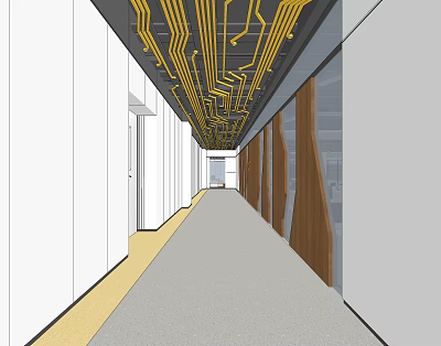 Elevator Hallway Design With Exposed Yellow Ceiling Pipelines And Wooden Panels 3d model
