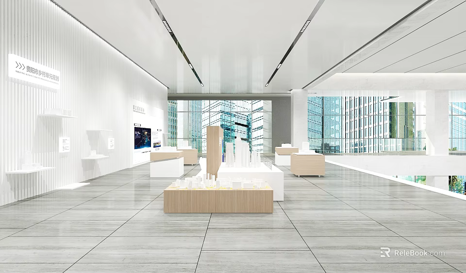 Modern Showroom Interior Featuring White Walls Linear Ceiling Lights Light Colored Tile Flooring And Display Podiums 3d model 