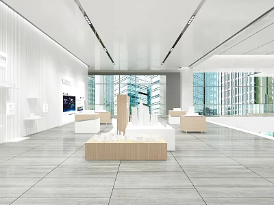 Modern Showroom Interior Featuring White Walls Linear Ceiling Lights Light Colored Tile Flooring And Display Podiums 3d model