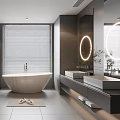 Modern Bathroom Interior Design With White Bathtub Large Window Blinds Double Vanities And Round Mirrors