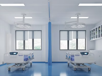 Bright Hospital Outpatient Clinic With Two Beds Blue Floor White Walls Windows And Medical Cabinets 3d model