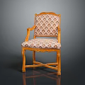 Classical Wooden Chair With Carved Armrests Legs And Geometric Pattern Upholstered Seat Backrest