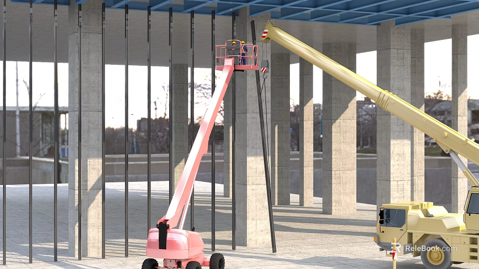 Urban Building Complex Construction Site With Scissor Lift Crane Steel Beams And Concrete Columns 3d model 
