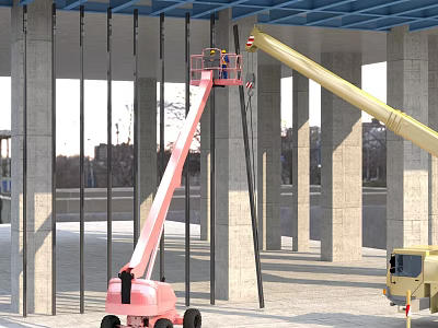 Urban Building Complex Construction Site With Scissor Lift Crane Steel Beams And Concrete Columns 3d model