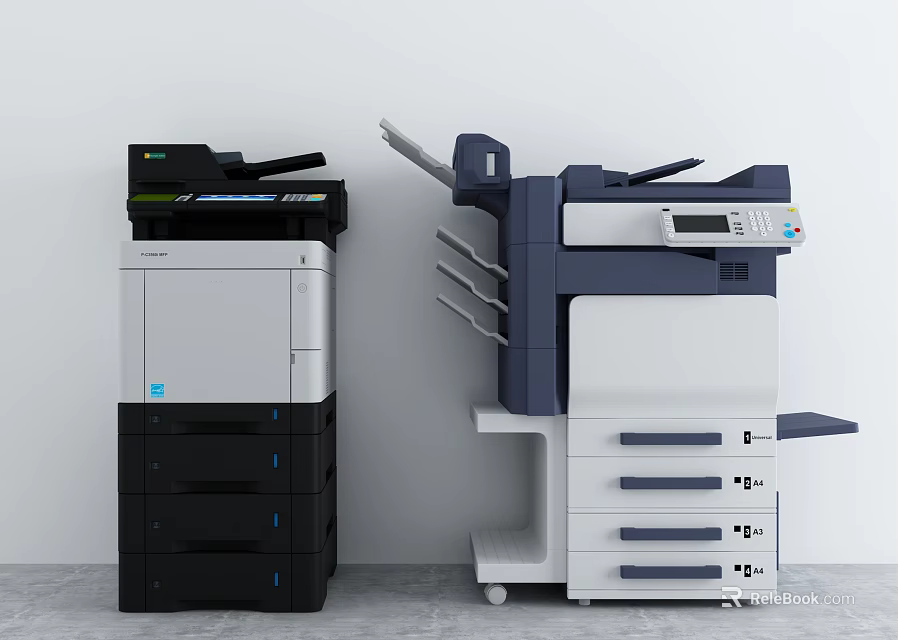 Modern Office Appliances Multifunctional Printers With Black White Blue Design Drawers And Paper Trays 3d model 