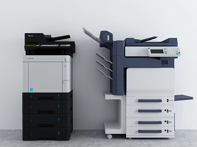 Modern Office Appliances Multifunctional Printers With Black White Blue Design Drawers And Paper Trays 3d model