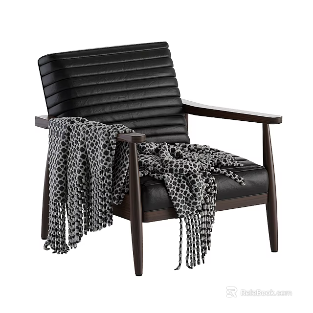 Black Leather Armchair With Striped Backrest Wooden Armrests And Black White Patterned Blanket 3d model 