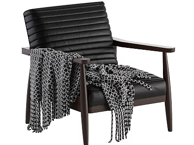 Black Leather Armchair With Striped Backrest Wooden Armrests And Black White Patterned Blanket 3d model