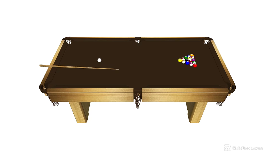 Wooden Billiard Table With Dark Surface Cue Stick And Colorful Balls 3d model 
