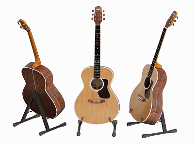 Three Acoustic Musical Instruments Guitars on Black Stands with Natural Wood Finish 3d model