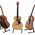 Three Acoustic Musical Instruments Guitars on Black Stands with Natural Wood Finish