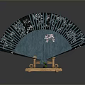 Traditional Chinese Fan With Black Frame Blue Surface White Patterns And Wooden Stand
