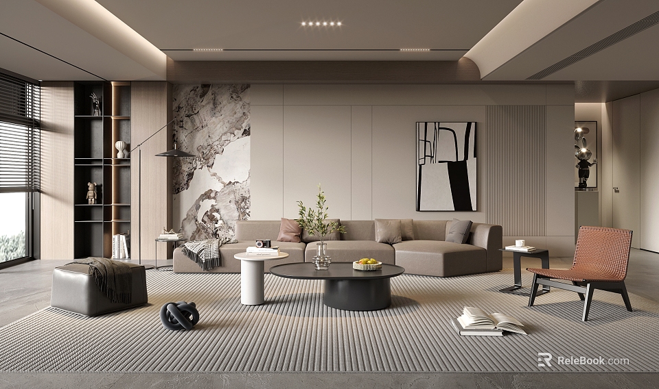 Modern Living Room Interior With Gray Sofa Round Coffee Table Striped Rug And Decorative Art 3d model 