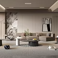 Modern Living Room Interior With Gray Sofa Round Coffee Table Striped Rug And Decorative Art