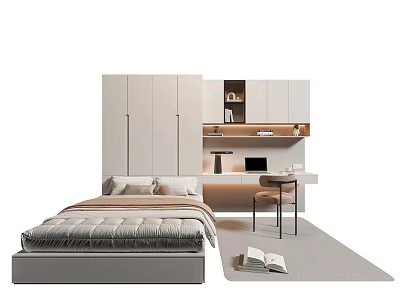 Minimalist Kids Bed With White Wooden Frame Study Desk Storage Cabinet And Gray Carpet 3d model