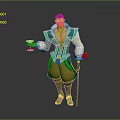 3D Male Character In Green White Outfit Yellow Pants Holding Tray With Cups And Sword
