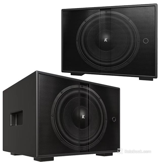 Two Black K Audio Speakers with Square Enclosure and Round Driver Units 3d model 
