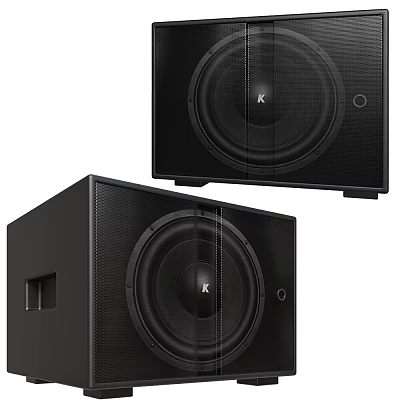 Two Black K Audio Speakers with Square Enclosure and Round Driver Units 3d model