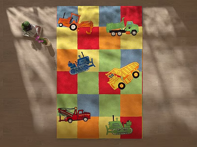 Square Kids Rug With Colorful Squares And Cartoon Construction Vehicles for Playroom 3d model