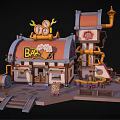 Cartoon Bar Scene With Orange Roof And Clock Decorations Wooden Barrels Benches And Stairs