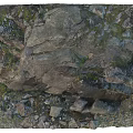 Natural Stone and Wood Elements in Textured Rock Ground with Various Sizes and Green Moss