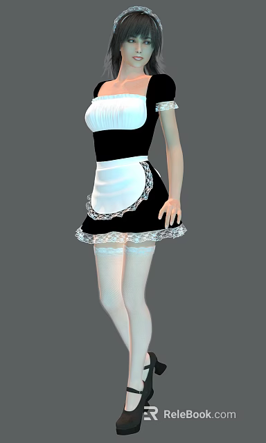 A Woman In Black And White Dress With Lace Trimmed Apron And White Stockings 3d model 
