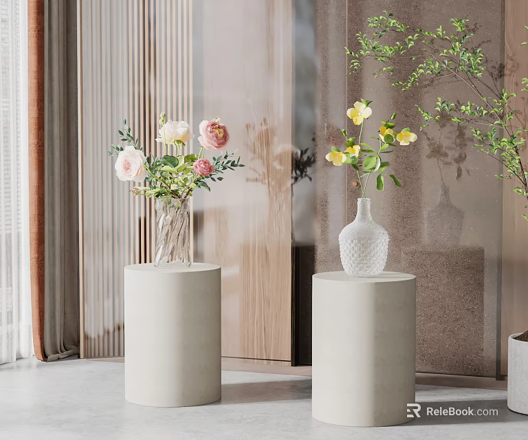 Two Vases with Fresh Flowers on White Cylindrical Pedestals in Modern Home Decor 3d model 