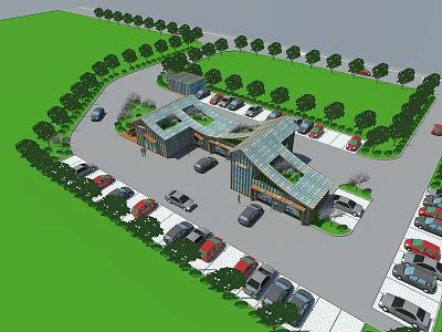 Aerial Planning of Modern Building Complex With Parking Lot Trees and Roads 3d model