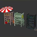 Three Different Lifeguard Stools With Red White Striped Umbrella And Lifebuoy