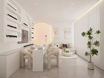 Modern Beauty Hair Salon Interior Design With White Decor Nail Station Sofa Plants And Paintings 3d model