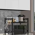 Kitchen Double Tier Microwave Stand with Storage for Rice Cooker Spice Bottles Hanging Cooking Utensils
