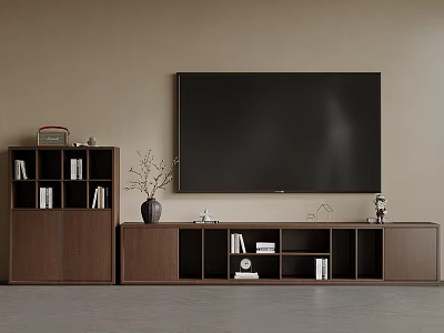 Modern Brown Wooden TV Stand With Storage Cabinet And Decorative Books Vase Radio 3d model