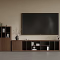 Modern Brown Wooden TV Stand With Storage Cabinet And Decorative Books Vase Radio