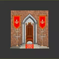 Decorative Commercial Equipment Display with Brick Wall Red Banners Wooden Chair and Candle Holders