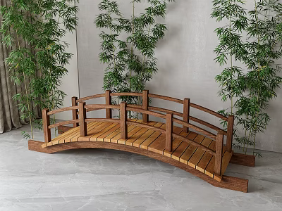 Arched Wooden Bridge With Railings Surrounded By Bamboo Plants On Gray Tiles And Wall 3d model