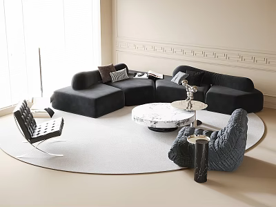 Modern Black Sofa And Coffee Table Set With Round Marble Top And Accent Chairs 3d model